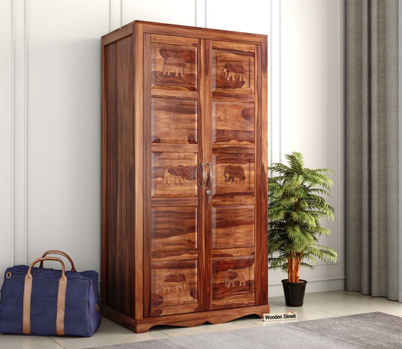 Front Image 1 - Emboss 2 Door Multi Utility Wooden Wardrobe (Honey Finish)