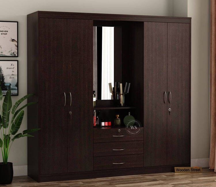 Celestin Four Door Wardrobe with Dressing Table (Flowery Wenge Finish) Bedroom Almari Design - Celestin 4 Door Wardrobe with Dresser in Flowery Wenge Finish