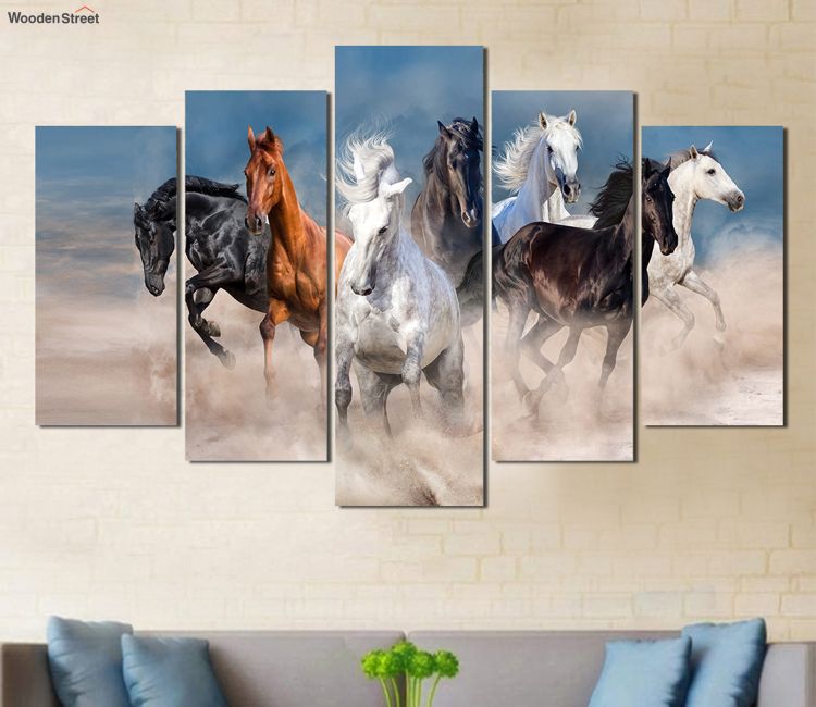 Vastu Seven Horses Painting Abstract View Laminated 5 Panels Wall Art Vastu Seven Horses Abstract View Laminated 5 Wall Panel | wooden panel for wall