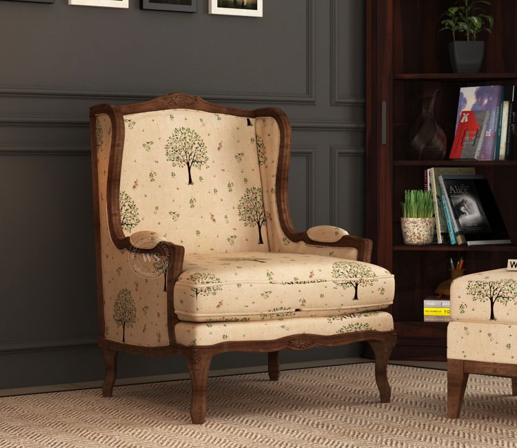 Adire Lounge Chair (Cotton, Beige Pomme) Balcony Lounge Chair Online | Lounge Chairs for Living Room | Lounge Sofa Chair | Wooden Lounge Chair