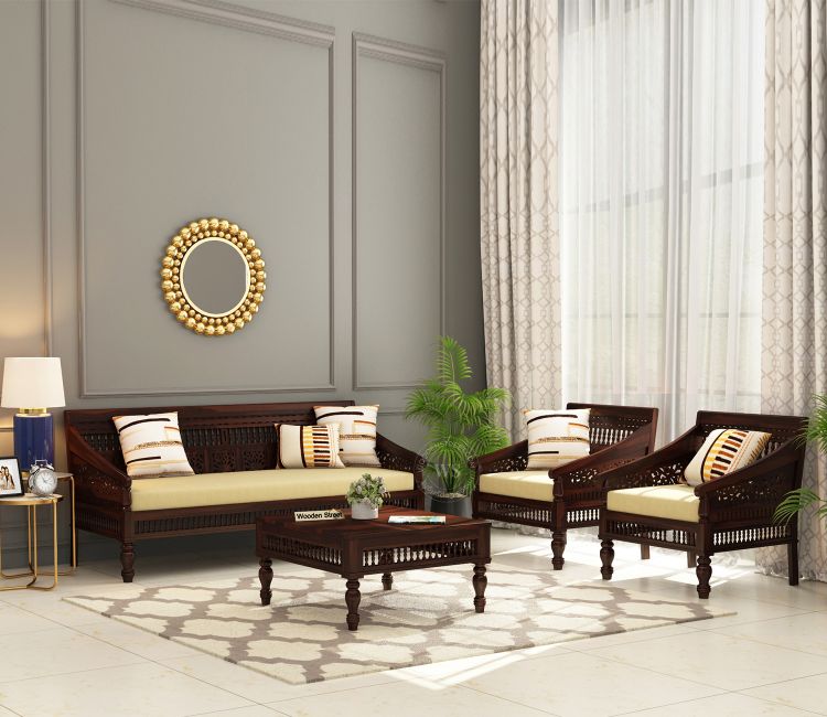 Wooden Couch: Alanis Wooden Sofa Set (Walnut Finish)