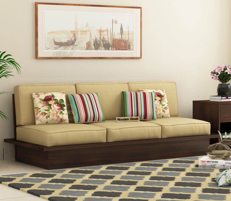 Front Image 1 - Dwayne Low Floor 3 Seater Wooden Sofa (Irish Cream, Walnut Finish)
