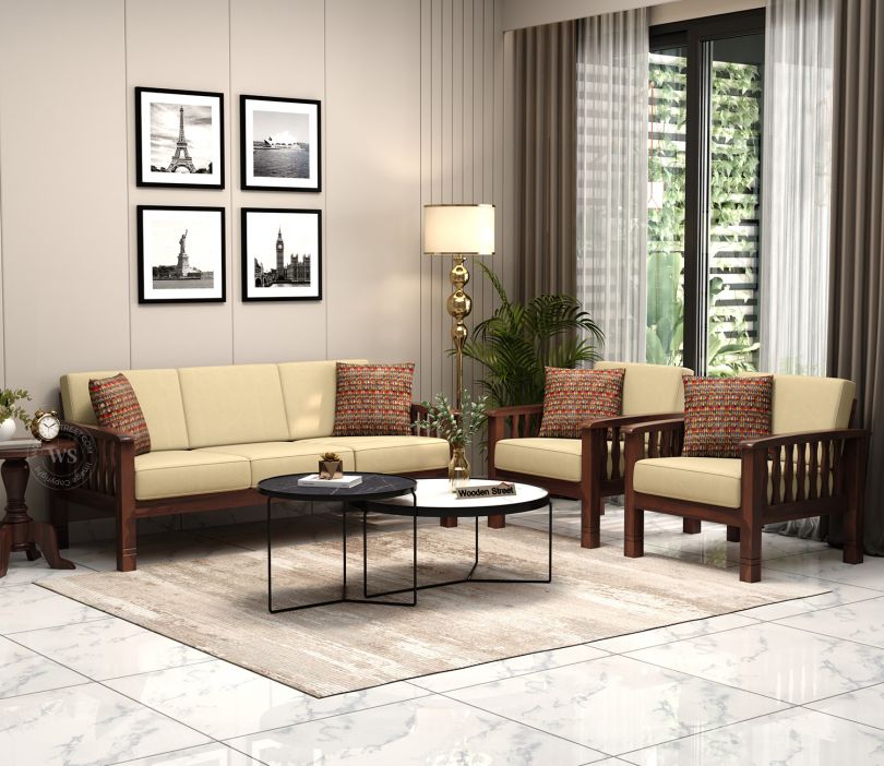 Olympia Wooden Sofa Set with Washable Zipper Cover (Walnut Irish Cream)