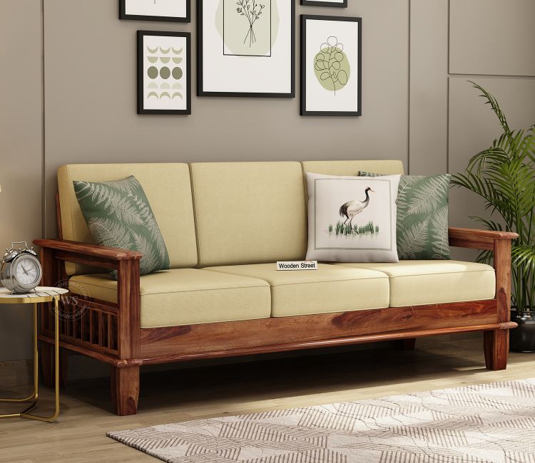 Quartz 3 Seater Wooden Sofa (Honey Irish Cream) Quartz 3 Seater Wooden Sofa | wooden sofa set 3+1+1 | best wooden sofa for living room | indian sofa set | wooden sofa with cushion