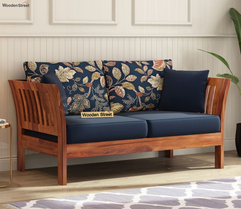 Front Image 1 - Raiden 2 Seater Wooden Sofa (Honey Indigo Dusky Leaf)