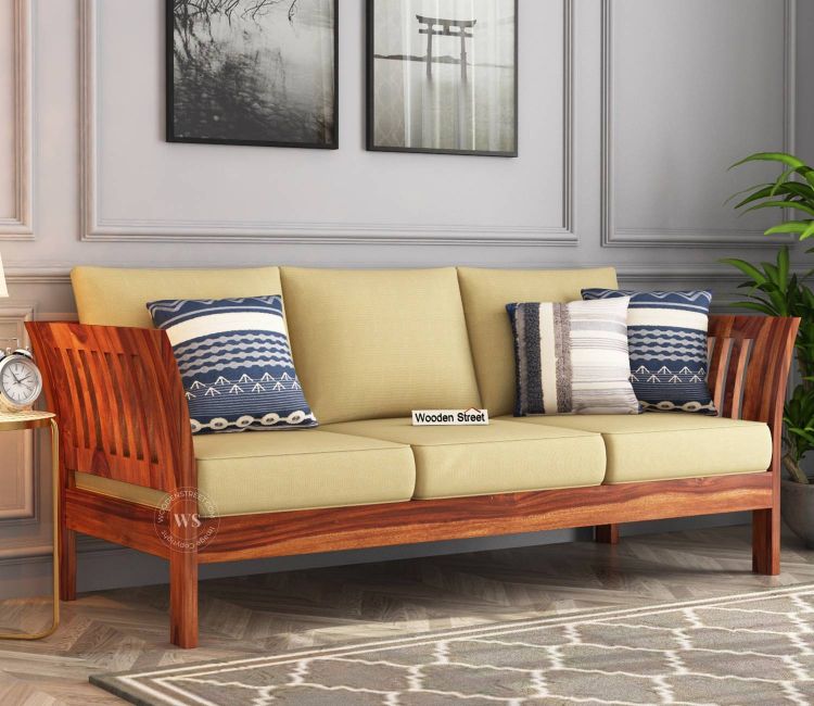 Raiden 3 Seater Wooden Sofa (Honey Irish Cream) sheesham wood sofa | 3 seater sofa set | simple wooden sofa set 3 seater designs | wooden sofa set models | teak wood sofa set designs pictures