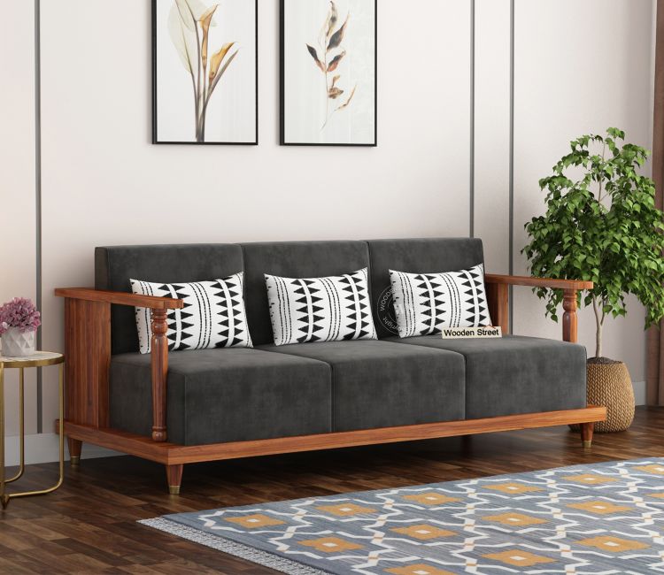 Georgia 3 Seater Wooden Sofa (Teak Finish, Graphite Grey) Georgia 3 Seater Wooden Sofa (Teak Finish, Graphite Grey)