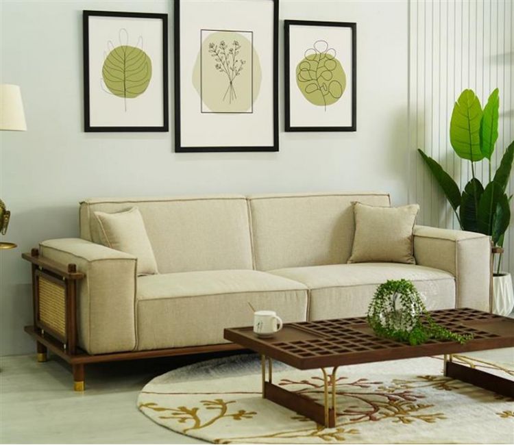 Saket 3 Seater Ash Wood Cane Sofa (Sand Beige) Quartz Wooden Sofa Set (Honey Finish) | sofa models wooden | wooden sofa for living room | new model wooden sofa set | sofa set in wood | sofa cheap price