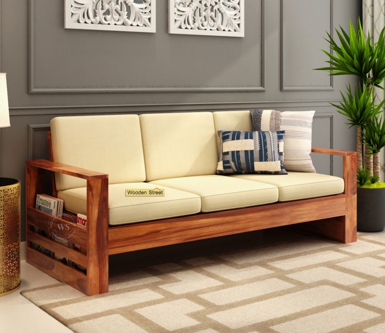 Winster 3 Seater Wooden Sofa (Honey Irish Cream) Winster 3+1+1 Seater Wooden Sofa Set price under 20000 | sheesham sofa set, 3 seater sofa set in bangalore, mumbai, delhi, pune