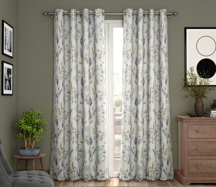 Grey Botanic Mist Floral Print Light-Filtering Long Door Curtains Set of 2 (Grey, 9 Feet) Luxury Curtains For Living Room - Botanic Mist Floral Print Long Door Curtains in Grey Color