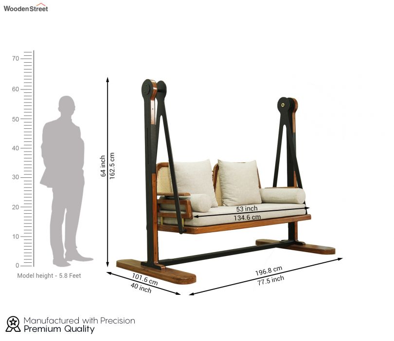 Dimension Image 1 - Shashwat 2 Seater Sheesham Wood Cane Swing Chair (Sand Grey)