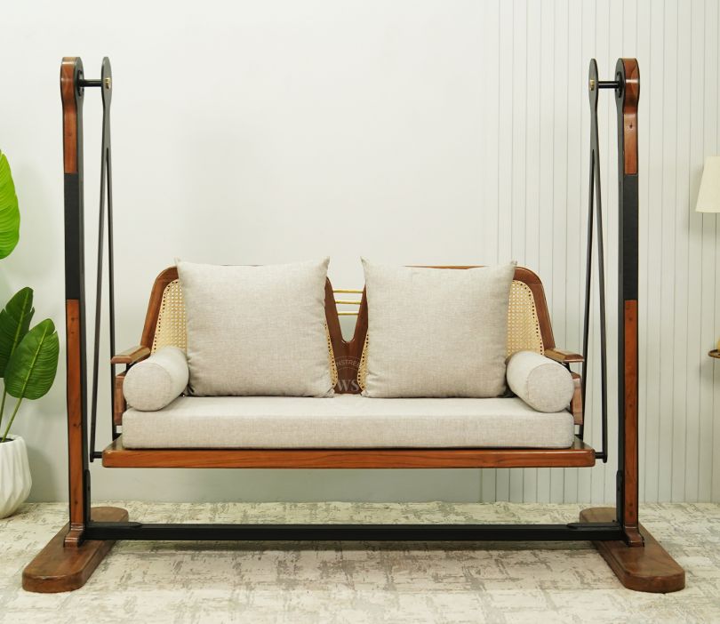Front Image 1 - Shashwat 2 Seater Sheesham Wood Cane Swing Chair (Sand Grey)