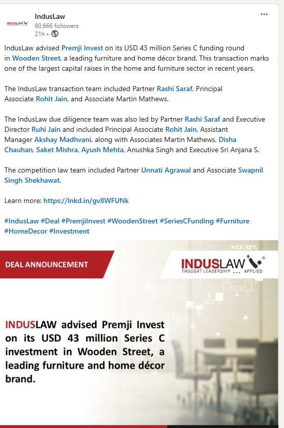 INDUSLAW - advised Premji Invest on its USD 43 million Series C investment in Wooden Street